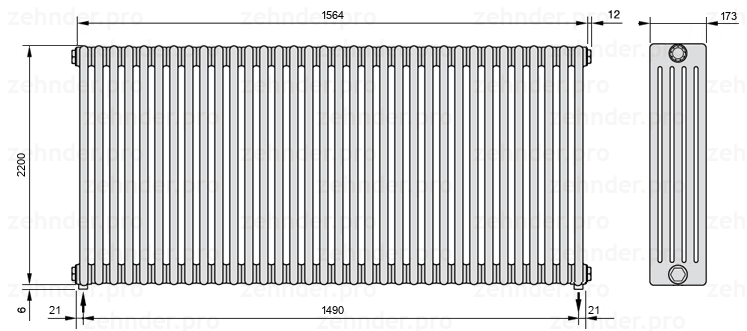 Схема (чертеж) Радиатор Zehnder Charleston 5220/34 №5310 Белый глянцевый RAL 9016